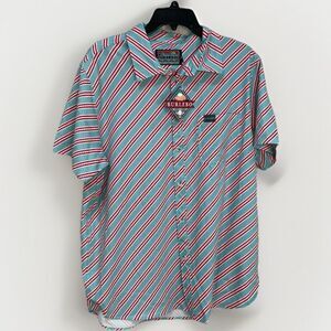 Burlebo Shirt Men's Sz XXL Performance Teal Red Striped Short Sleeve Button Up